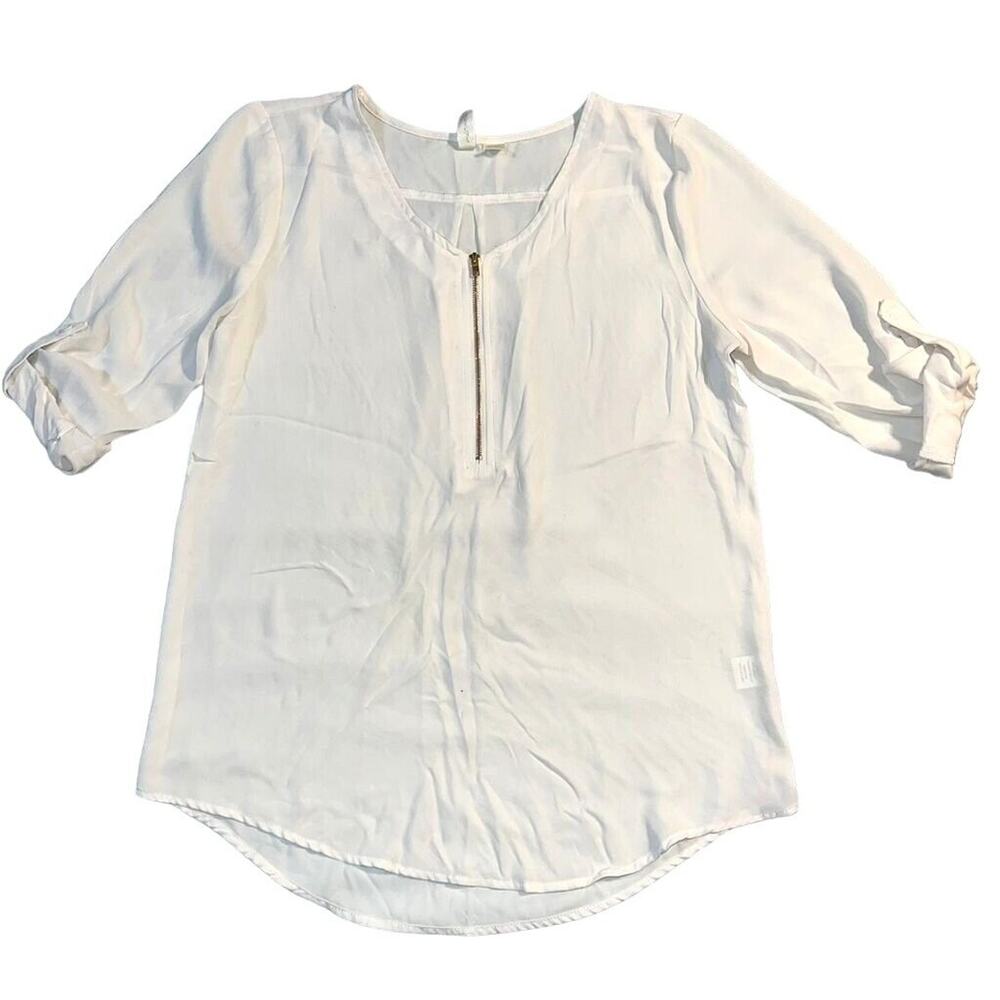 Tacera Womens Blouse Top Roll Tab Sleeves Zip Accent Ivory Light Beige Chiffon